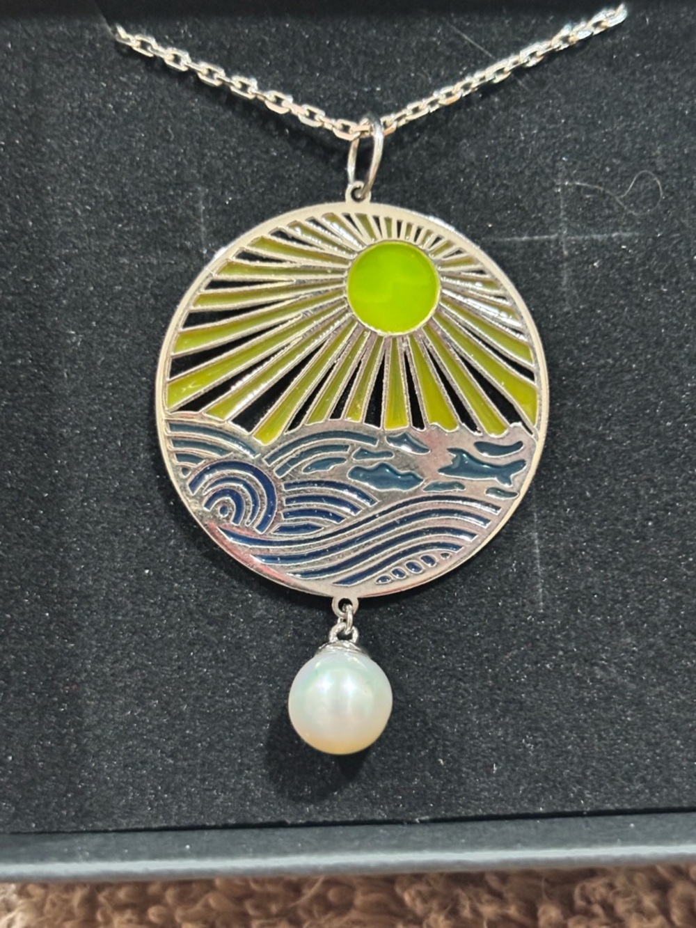 Sunrise Wave Pendant Necklace with real white Pearl Drop